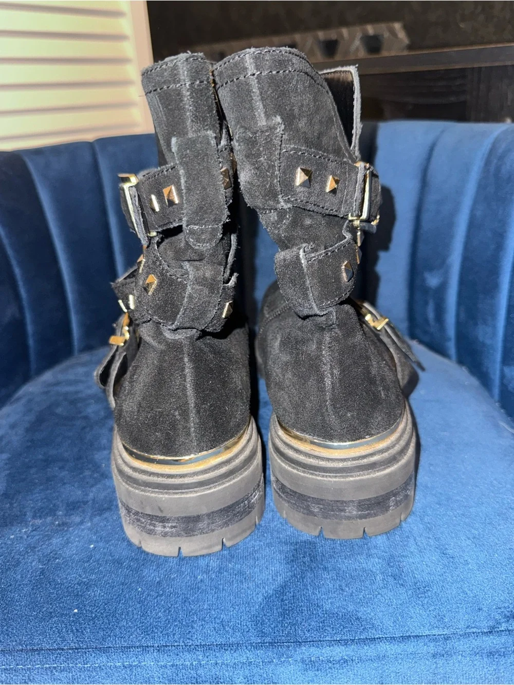 Vine Camuto Black Suede Studded Buckle Ankle Boots - Women